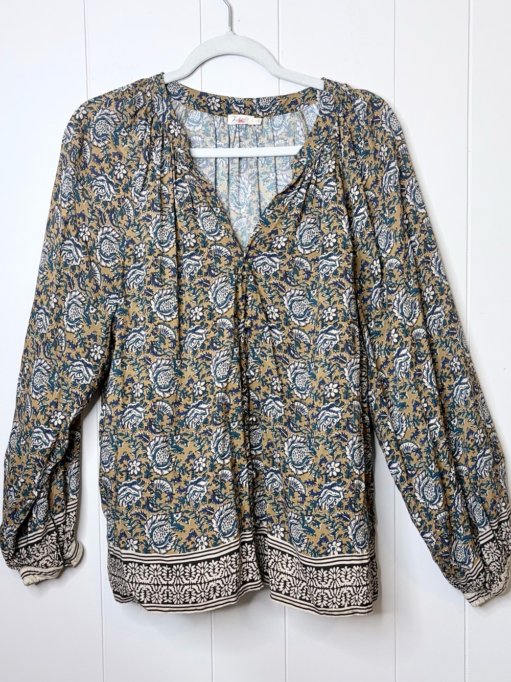 Faherty Women’s Tan Floral Peasant Blouse Boho Lightweight Flowy Large